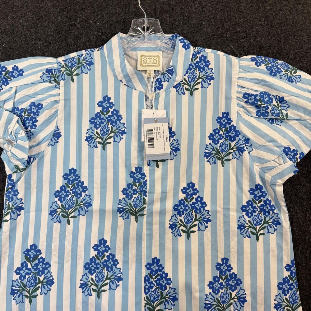 Sail To Sable Shirt Dress Women's XL Blue Block Print Striped Puff Sleeve Midi - Picture 2 of 10